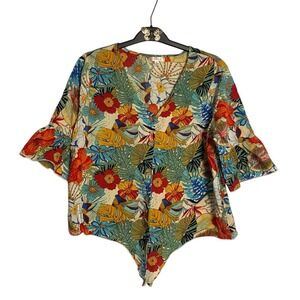 Mirror Image Floral‎ Print Tie Front Blouse Bell Sleeve Women's 1X